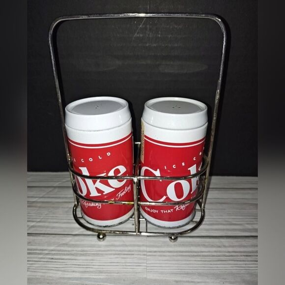 Coca-Cola Soda Can Salt and Pepper Shaker Set With Caddy Retro Decor - Picture 3 of 9
